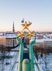 Freedom Monument known as Milda, located in the centre of Riga, the capital of Latvia. Close-up...