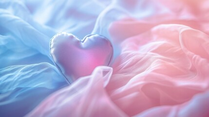  a pink heart sitting on top of a bed covered in a pink and blue comforter on top of a white comforter next to a pink and blue comforter. - obrazy, fototapety, plakaty