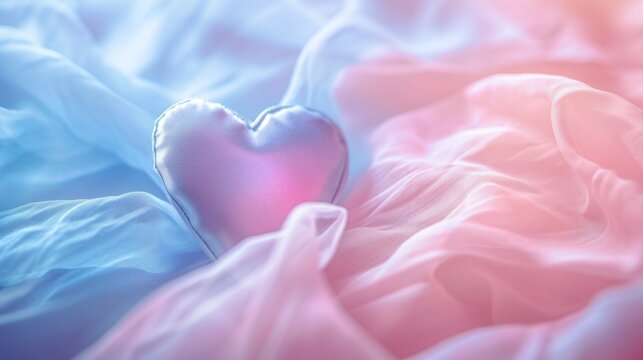  a pink heart sitting on top of a bed covered in a pink and blue comforter on top of a white comforter next to a pink and blue comforter.