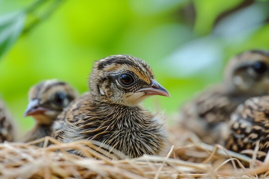 Young quail on straw on wooden background