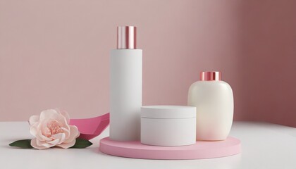 Fototapeta na wymiar mockup productos cosmeticos color blanco y rosa elegante moderno 3d fondo con mockup botellas de cosmetico maquillaje spa en blanco fotografia producto