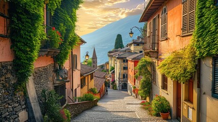  a cobblestone street in a small town with a view of a mountain range in the distance with flowers growing on the side of the buildings and on either side of the street.