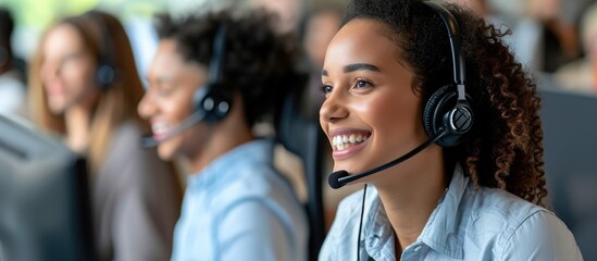 A smiling call center employee working with a headset, supported by their team.