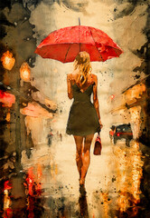 Attractive blonde girl in short black dress walking in rain with a red umbrella with buildings and vintage street lamps in the background, reflections. Watercolor effect.