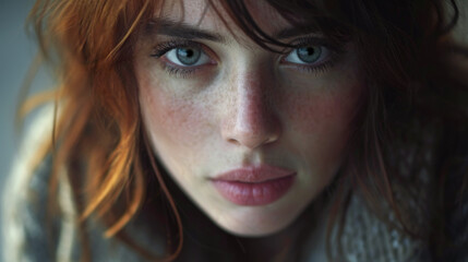 Extreme closeup of a high-end fashion model with ruddy skin and wearing makeup. Skin care and cosmetics. She has long auburn hair and is staring intently at the viewer. - obrazy, fototapety, plakaty