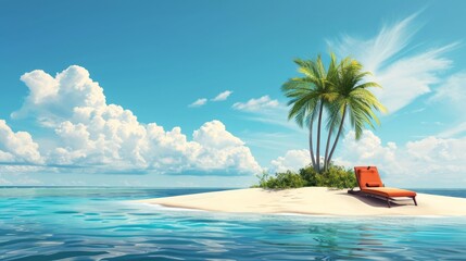 Desert tropical island with palm tree, chaise lounge. Concept for rest, holidays, resort, travel