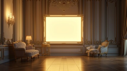 A majestic living room with an empty canvas frame, illuminated by the soft glow of a chandelier