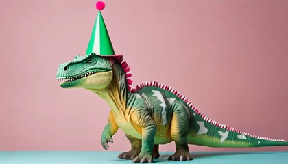 Gordijnen dinosaur with party hat on pastel pink background © Marcelo
