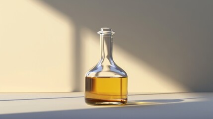  a bottle of oil sitting on a table with a shadow cast on the wall behind it and a shadow cast on the wall behind the bottle of oil on the table.