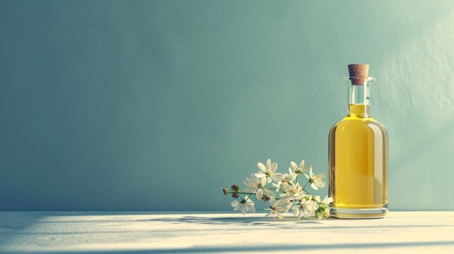  a bottle of olive oil sitting on a table next to a branch of olives and a bottle of olive oil on a table with a blue wall in the background.