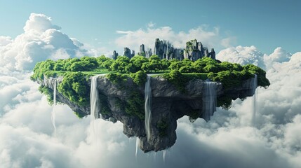 Flying land with beautiful landscape, green grass and waterfalls mountains. 3d illustration of floating forest island isolated with clouds