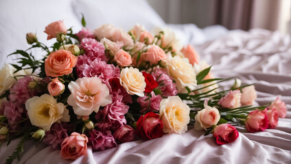 Beautiful bouquet of flowers on the bed celebration