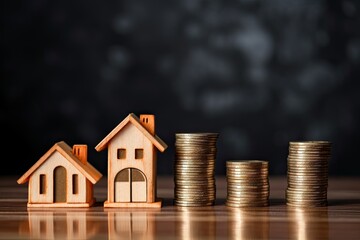 Two littles houses, three stacks of coins. Real estate business illustration with copy space for text