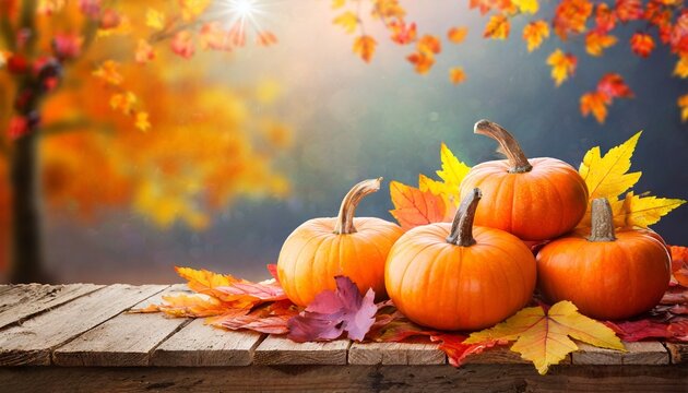 pile of orange raw pumpkins with fall leaves on wooden table over fall background