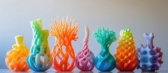 Colorful 3D printed objects on a flat surface. Fused deposition modeling (FDM), a modern progressive additive 3D printing technology.