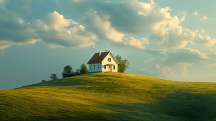 Fototapeta na wymiar a white house sitting on top of a green hill under a cloudy blue sky with a red roof and a red roof on the top of the house is on a grassy hill.