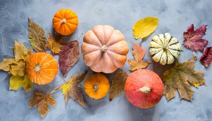 autumn composition pumpkins dried leaves on pastel gray background autumn fall halloween concept flat lay top view square copy space