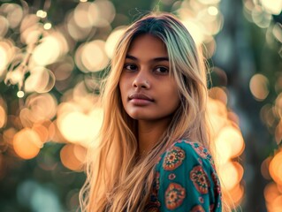 Photorealistic Teen Indian Woman with Blond Straight Hair vintage Illustration. Portrait of a person in 1960s era aesthetics. Mod fashion. Historic photo Ai Generated Horizontal Illustration.