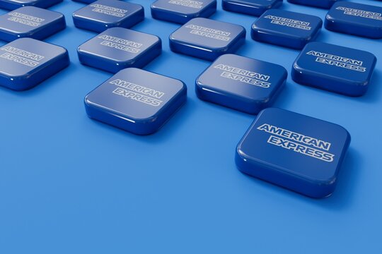 LONDON, UK - October 2023: American Express bank and financial services company logo. 3D Rendering