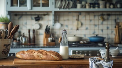  a loaf of bread sitting on top of a wooden table next to a bottle of milk and utensils on top of a counter top of a wooden table. - obrazy, fototapety, plakaty