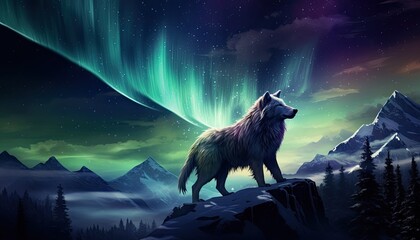 View of night sky with aurora borealis and mountain peak background. Wolf silhouette, night glows in vibrant aurora reflection on the lake with forest.