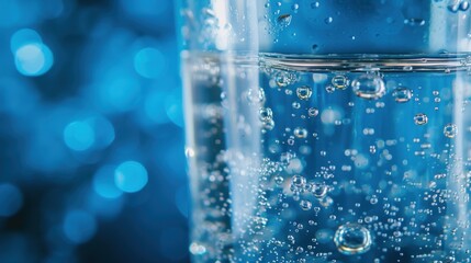  a close up of a glass of water with bubbles on the bottom and a blue boke of bubbles on the bottom of the glass and a blurry background.