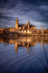 Fototapeta premium Salamanca Skyline view with Cathedral and Enrique Estevan Bridge on Tormes River, Spain