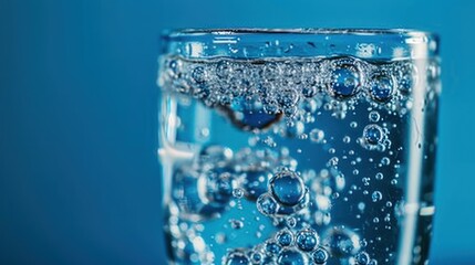  a close up of a glass of water with bubbles on a blue background with a reflection of the water in the glass and the water droplets on the bottom of the glass.