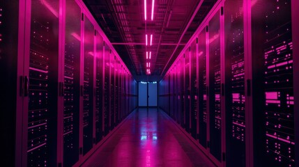 Shot of Dark Data Center With Multiple Rows of Fully Operational Server Racks. Modern Telecommunications, Cloud Computing, Artificial Intelligence, Database, Supercomputer. Pink Neon Light - obrazy, fototapety, plakaty