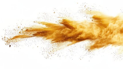 Small Fine size Sand flying explosion, Golden grain wave explode. Abstract cloud fly. Yellow colored sand splash throwing in Air. White background Isolated high speed shutter, throwing freeze stop - obrazy, fototapety, plakaty