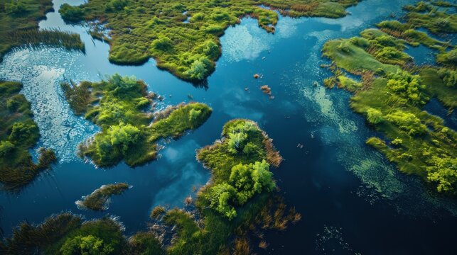  an aerial view of a body of water surrounded by lush green trees and grass in the middle of the picture is an aerial view of a body of water surrounded by land.