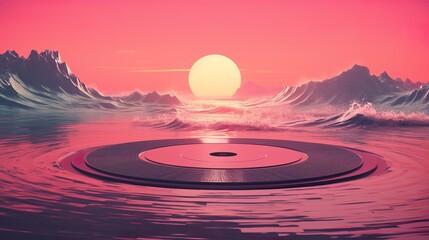 Surreal landscape illustration with a giant vinyl record player in the ocean. Fantasy landscape with vinyl record player in the ocean and waters in sound waves. - obrazy, fototapety, plakaty