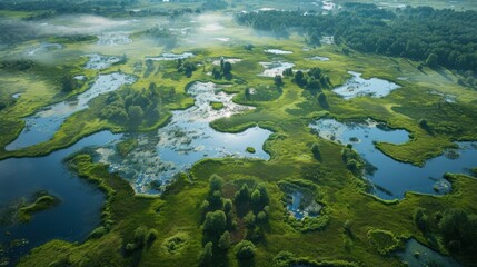  an aerial view of a grassy area with lots of water in the foreground and trees on the far side of the area, in the middle of the picture.