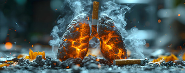 A cigarette in a smoker's lungs causes health deterioration and death - obrazy, fototapety, plakaty