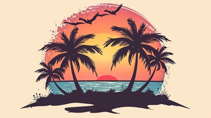 Fototapeta na wymiar Tropical Island Palms Logo Beach Travel Retro Postcard Vintage Design Vector Icon Paradise Deserted Exotic Pacific Sea Sand Ocean Summer Vacation Palm Silhouette Sunset