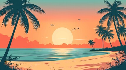 Fototapeta na wymiar Tropical palm beach with sand sea banner vector illustration with copy space, voucher advertising Summer vacation. tropical island palms sun. Hawaiian landscape paradise. Colored party invitation