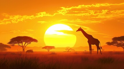  a giraffe standing in the middle of a field with the sun setting in the background with trees in the foreground and a few giraffes in the foreground.