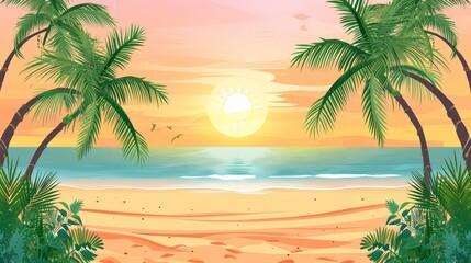 Fototapeta na wymiar Tropical palm beach with sand sea banner vector illustration with copy space, voucher advertising Summer vacation. tropical island palms sun. Hawaiian landscape paradise. Colored party invitation