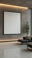 A modern living room with sleek lines, displaying an empty canvas frame on a wall with a subtle matte finish. The frame is illuminated by recessed LED lights, creating a dramatic effect.