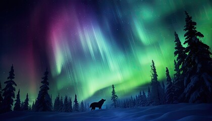 Obraz na płótnie Canvas View of night sky with aurora borealis and mountain peak background. Wolf silhouette, night glows in vibrant aurora reflection on the lake with forest.