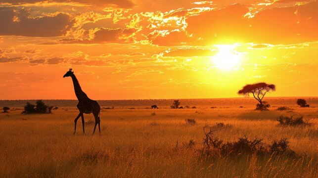  a giraffe standing in the middle of a field with the sun setting in the background and a tree in the middle of the field in the foreground.