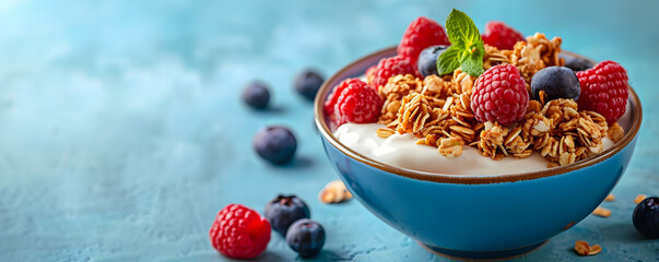 Bowl of yogurt and fruit muesli, food on a blue background full of dynamism and energy