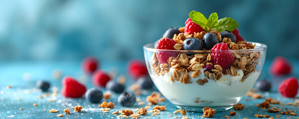 Bowl of yogurt and fruit muesli, food on a blue background full of dynamism and energy - obrazy, fototapety, plakaty