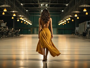 Beautiful woman confidently struts through an industrial hangar, wearing a vibrant yellow dress, resembling a catwalk model - Powered by Adobe
