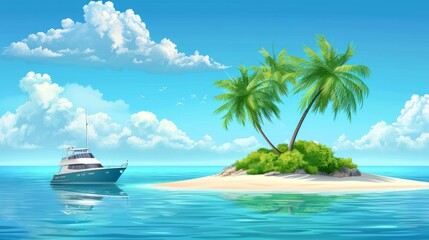 Vector 3d illustration of tourist island with palm tree and yacht on the sea, uninhabeted island eco tourism vacation