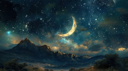 Obraz na płótnie Canvas a painting of a night sky with a crescent and stars above a mountain range with a full moon in the middle of the night sky and stars in the sky.