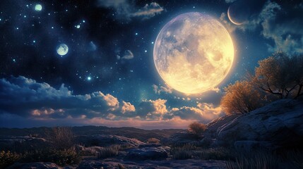  a painting of a full moon in the night sky over a rocky landscape with trees and bushes in the foreground, and a few stars and clouds in the sky.