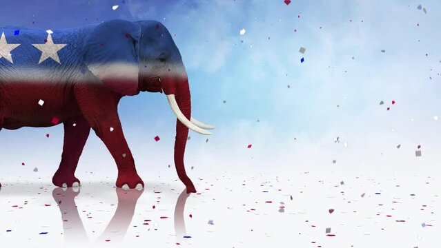 Republican Elephant Vote Message 4K Loop features an elephant painted in with republican party symbols walking across a reflective stage with confetti falling and a baby elephant with the word vote
