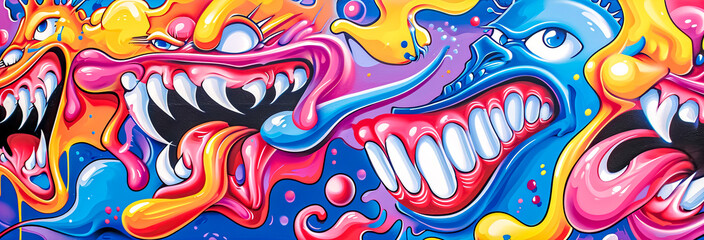 Obraz premium Exuberant 1980s-inspired airbrush art with playful, exaggerated characters