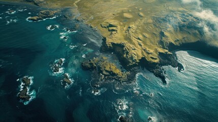  an aerial view of a large body of water with a yellow island in the middle of the water and a yellow island in the middle of the water and a yellow island in the middle of the water.